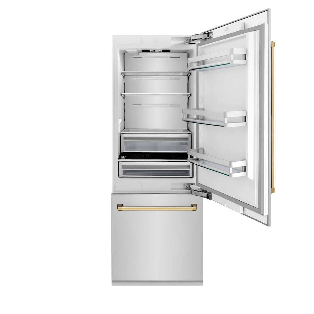 ZLINE Autograph Edition 30 in. 16.1 cu. ft. Built-in 2-Door Bottom Freezer Refrigerator with Internal Water and Ice Dispenser in Stainless Steel with Polished Gold Accents (RBIVZ-304-30-G) front, refrigeration compartment open.