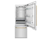 ZLINE Autograph Edition 30 in. 16.1 cu. ft. Built-In Bottom Freezer Refrigerator with Water Dispenser and Ice Maker in Stainless Steel with Polished Gold Accents (RBIVZ-304-30-G) front, open, empty.