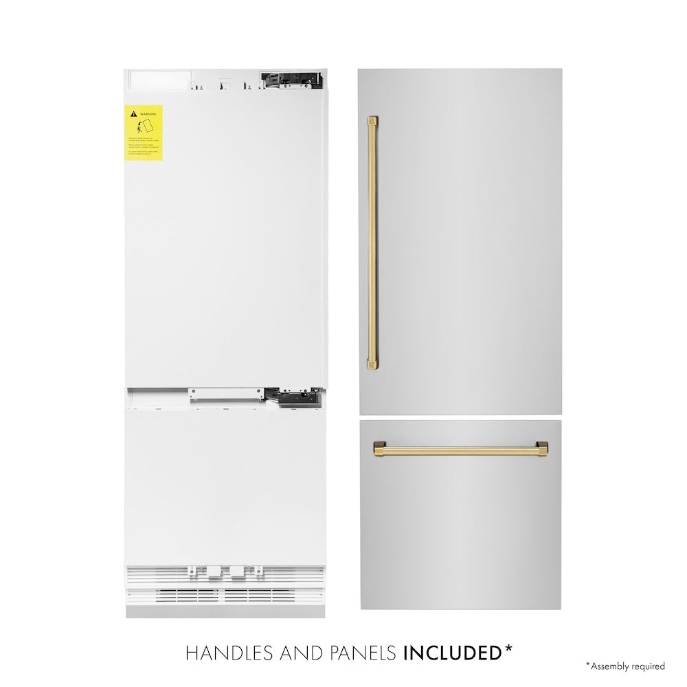 ZLINE Autograph Edition 30 in. 16.1 cu. ft. Built-in 2-Door Bottom Freezer Refrigerator with Internal Water and Ice Dispenser in Stainless Steel with Polished Gold Accents (RBIVZ-304-30-G) front, refrigeration unit next to panels. Text: Handles and Panels Included.