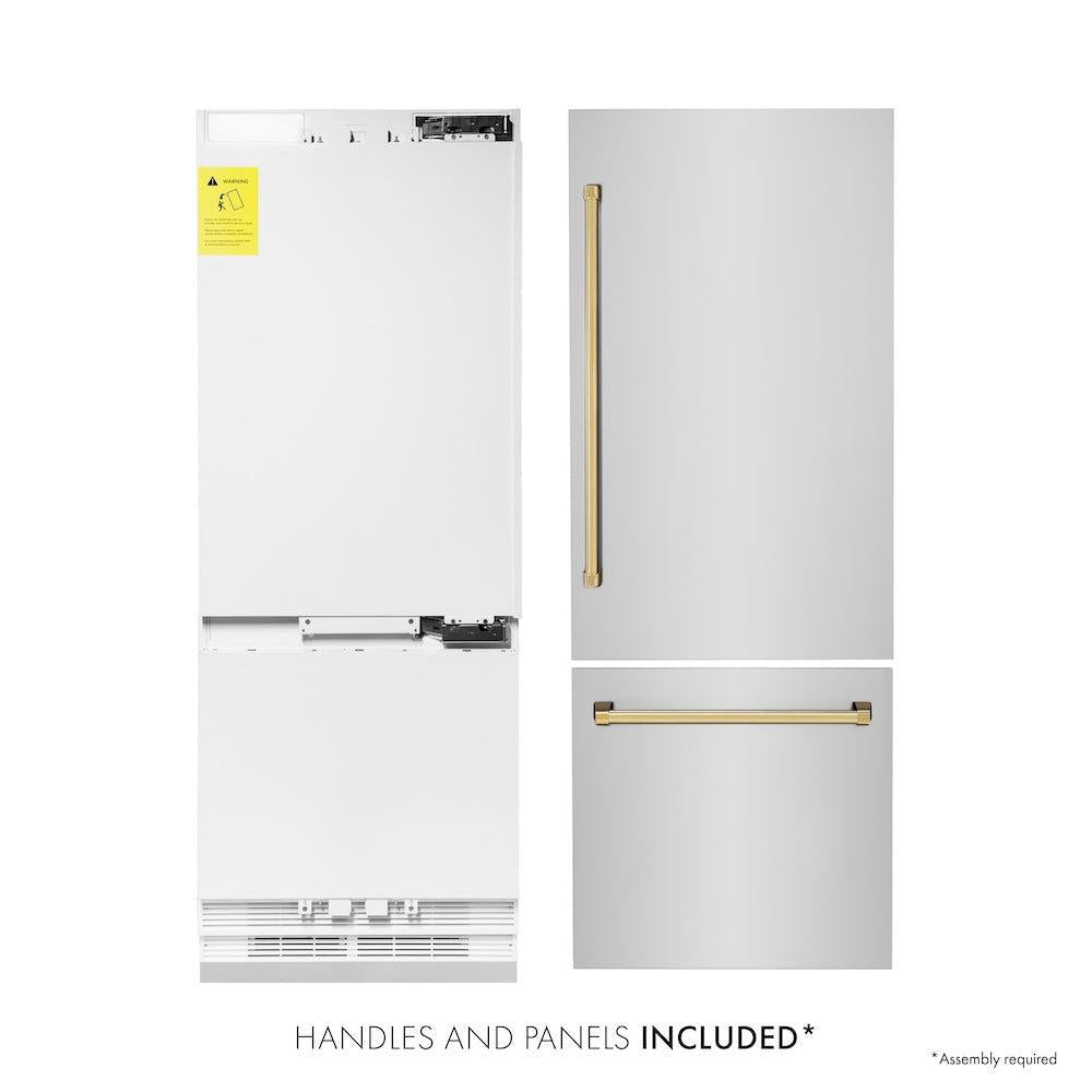 ZLINE Autograph Edition 30 in. 16.1 cu. ft. Built-In Bottom Freezer Refrigerator with Water Dispenser and Ice Maker in Stainless Steel with Polished Gold Accents (RBIVZ-304-30-G) front, refrigeration unit next to panels and handles. Text: Handles and panels included.