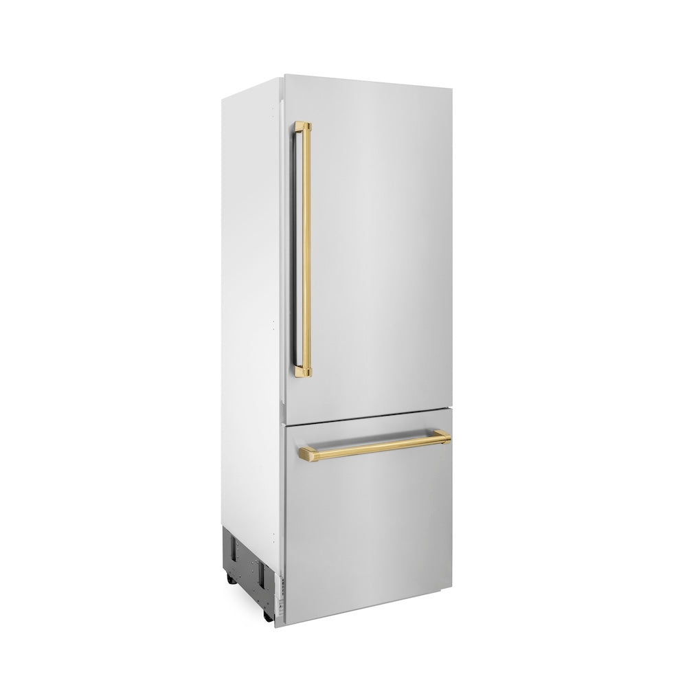 ZLINE Autograph Edition 30 in. 16.1 cu. ft. Built-In Bottom Freezer Refrigerator with Water Dispenser and Ice Maker in Stainless Steel with Polished Gold Accents (RBIVZ-304-30-G)