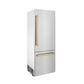ZLINE Autograph Edition 30 in. 16.1 cu. ft. Built-In Bottom Freezer Refrigerator with Water Dispenser and Ice Maker in Stainless Steel with Polished Gold Accents (RBIVZ-304-30-G) side, closed.