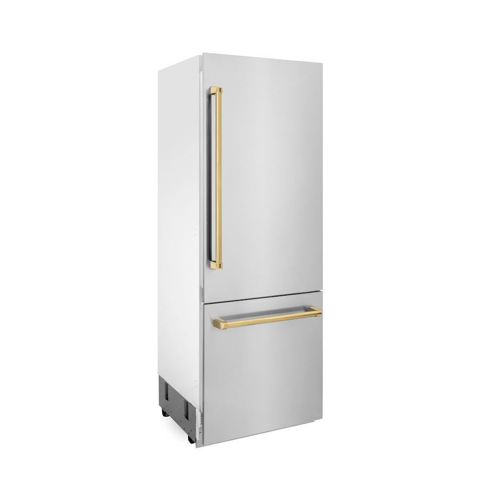 ZLINE Autograph Edition 30 in. 16.1 cu. ft. Built-In Bottom Freezer Refrigerator with Water Dispenser and Ice Maker in Stainless Steel with Polished Gold Accents (RBIVZ-304-30-G) side, closed.