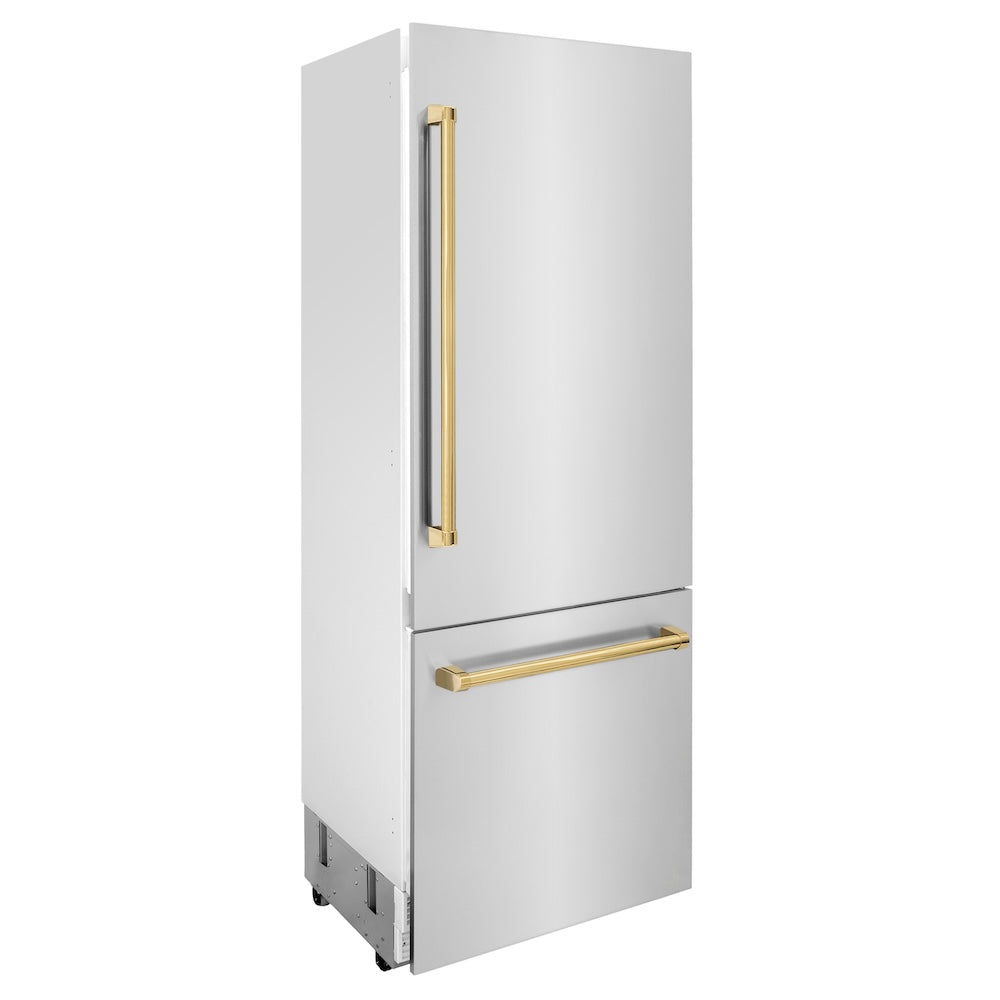 ZLINE Autograph Edition 30 in. 16.1 cu. ft. Built-in 2-Door Bottom Freezer Refrigerator with Internal Water and Ice Dispenser in Stainless Steel with Polished Gold Accents (RBIVZ-304-30-G) side, closed.