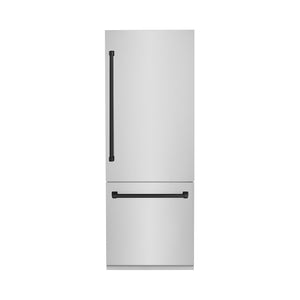 ZLINE Autograph Edition 30 in. 16.1 cu. ft. Built-In Bottom Freezer Refrigerator with Water Dispenser and Ice Maker in Stainless Steel with Matte Black Accents (RBIVZ-304-30-MB) main image.