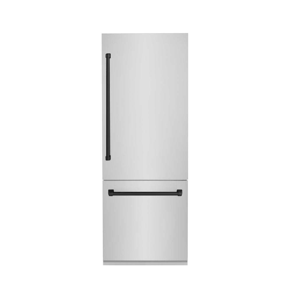 ZLINE Autograph Edition 30 in. 16.1 cu. ft. Built-In Bottom Freezer Refrigerator with Water Dispenser and Ice Maker in Stainless Steel with Matte Black Accents (RBIVZ-304-30-MB)