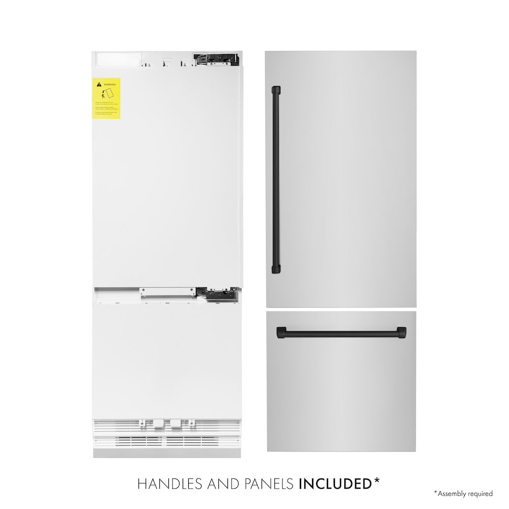 ZLINE Autograph Edition 30 in. 16.1 cu. ft. Built-in 2-Door Bottom Freezer Refrigerator with Internal Water and Ice Dispenser in Stainless Steel with Matte Black Accents (RBIVZ-304-30-MB) front, refrigeration unit next to panels. Text: Handles and Panels Included.