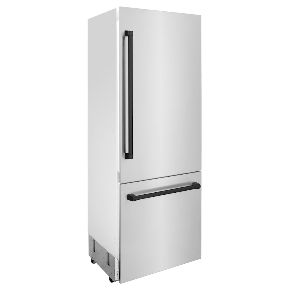 ZLINE Autograph Edition 30 in. 16.1 cu. ft. Built-in 2-Door Bottom Freezer Refrigerator with Internal Water and Ice Dispenser in Stainless Steel with Matte Black Accents (RBIVZ-304-30-MB) side, closed.