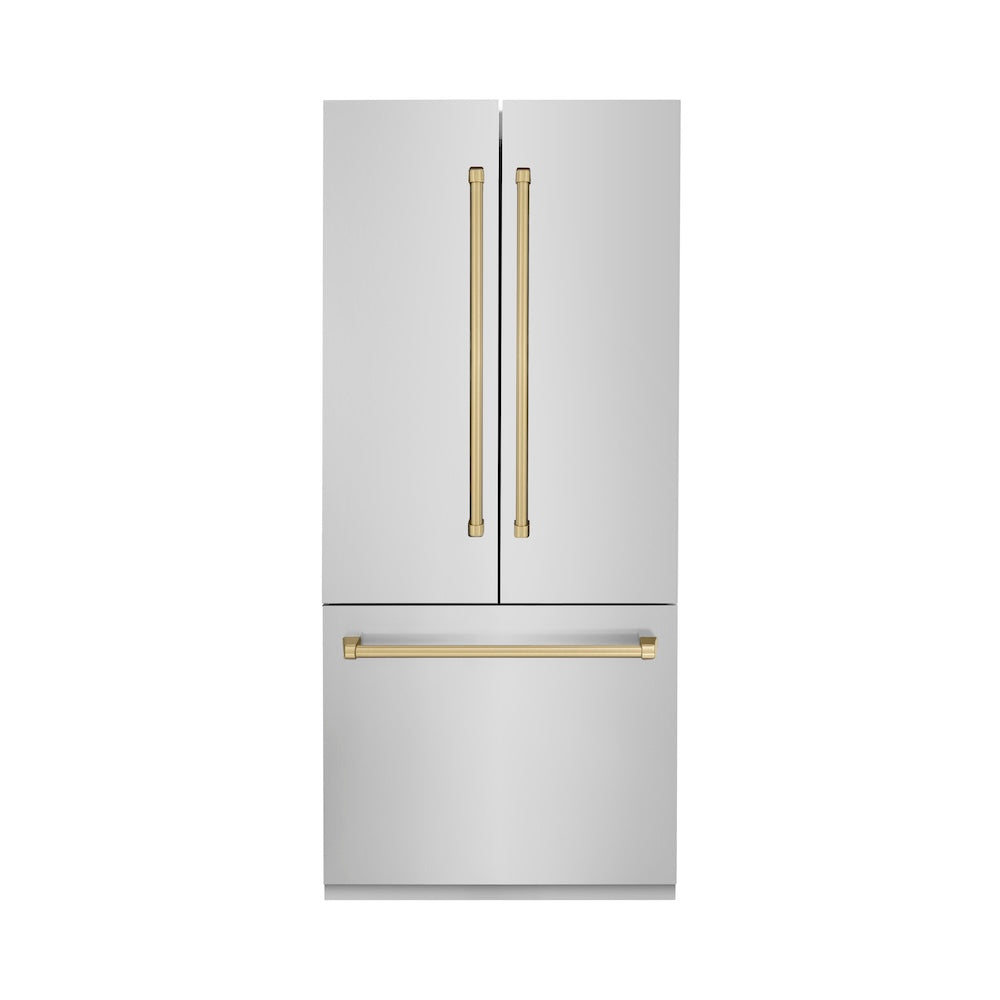 ZLINE Autograph Edition 36 in. 19.6 cu. ft. Built-in 2-Door Bottom Freezer Refrigerator with Internal Water and Ice Dispenser in Stainless Steel with Champagne Bronze Accents (RBIVZ-304-36-CB) front, closed.