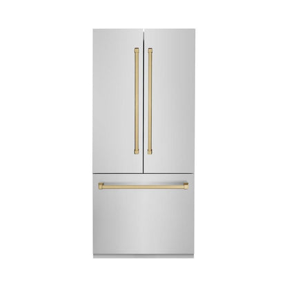 ZLINE Autograph Edition 36 in. 19.6 cu. ft. French Door Built-In Bottom Freezer Refrigerator with Water Dispenser and Ice Maker in Stainless Steel with Champagne Bronze Accents (RBIVZ-304-36-CB) front, closed.