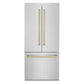 ZLINE Autograph Edition 36 in. 19.6 cu. ft. French Door Built-In Bottom Freezer Refrigerator with Water Dispenser and Ice Maker in Stainless Steel with Champagne Bronze Accents (RBIVZ-304-36-CB) front, closed.
