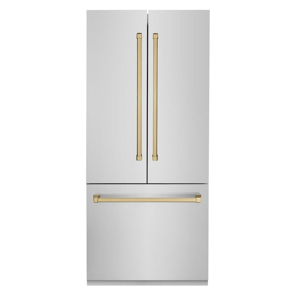 ZLINE Autograph Edition 36 in. 19.6 cu. ft. French Door Built-In Bottom Freezer Refrigerator with Water Dispenser and Ice Maker in Stainless Steel with Champagne Bronze Accents (RBIVZ-304-36-CB) front, closed.