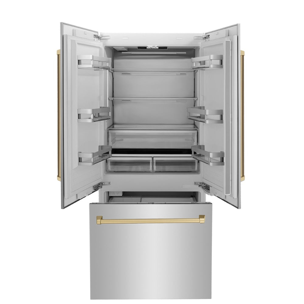 ZLINE Autograph Edition 36 in. 19.6 cu. ft. French Door Built-In Bottom Freezer Refrigerator with Water Dispenser and Ice Maker in Stainless Steel with Champagne Bronze Accents (RBIVZ-304-36-CB) front, open, empty.