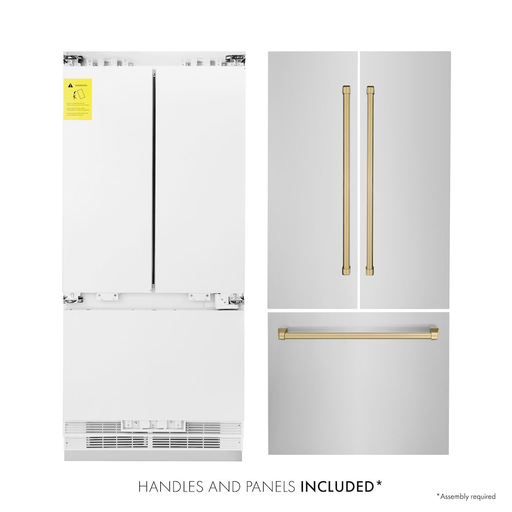 ZLINE Autograph Edition 36 in. 19.6 cu. ft. Built-in 2-Door Bottom Freezer Refrigerator with Internal Water and Ice Dispenser in Stainless Steel with Champagne Bronze Accents (RBIVZ-304-36-CB) front, refrigeration unit next to panels. Text: Handles and Panels Included.