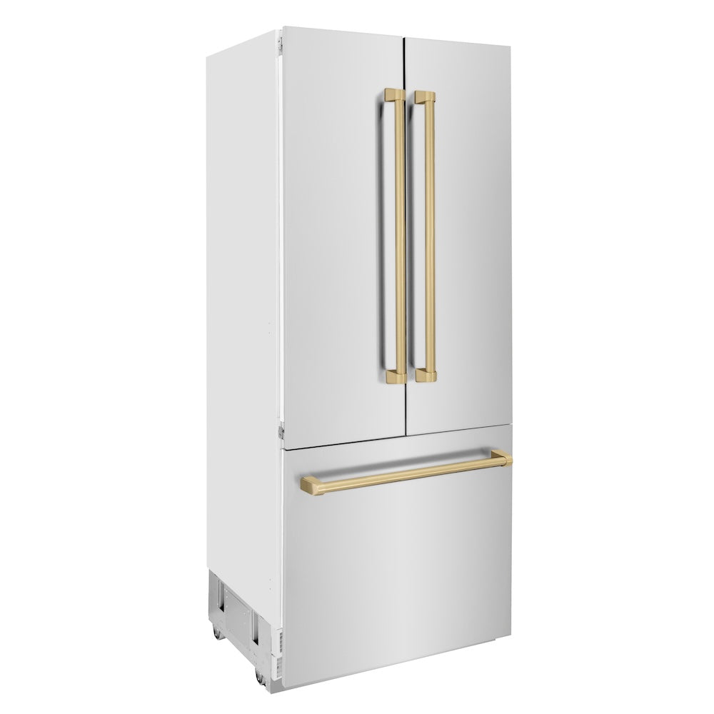 ZLINE Autograph Edition 36 in. 19.6 cu. ft. Built-in 3-Door French Door Refrigerator with Internal Water and Ice Dispenser in Stainless Steel with Champagne Bronze Accents (RBIVZ-304-36-CB)