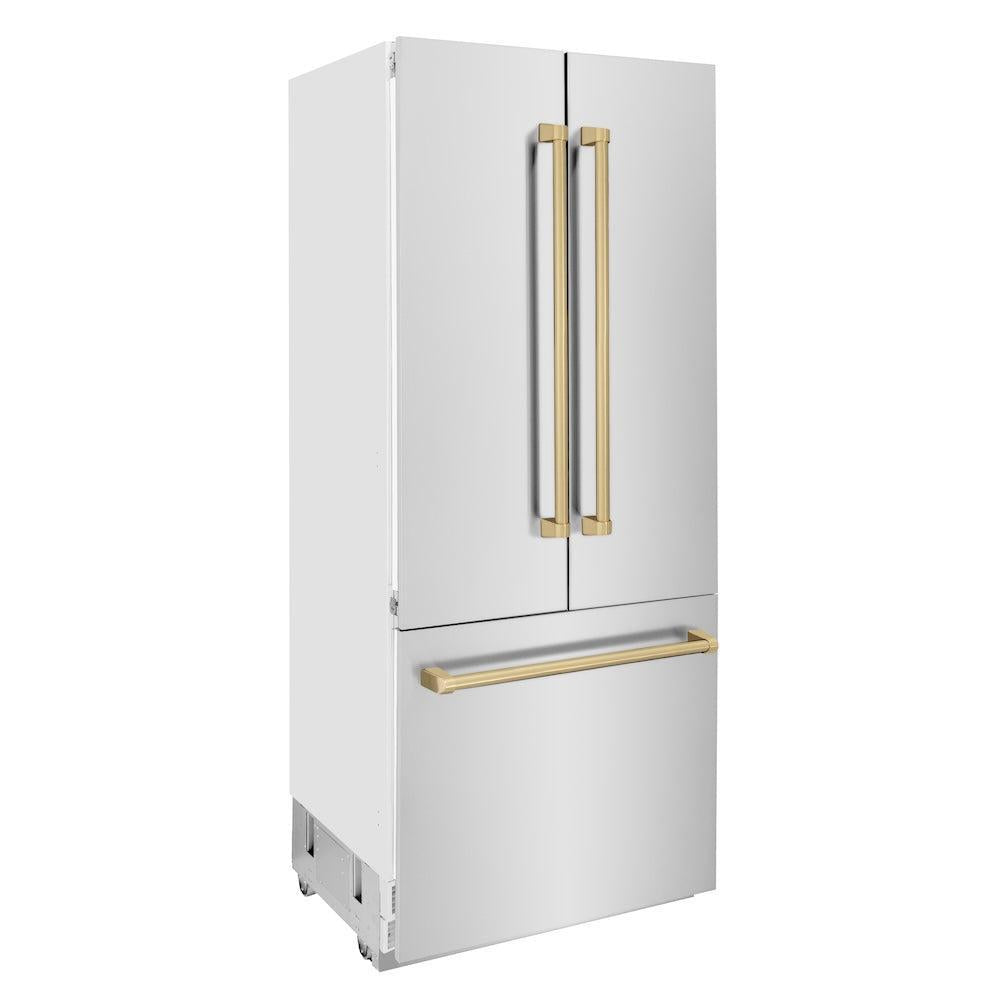 ZLINE Autograph Edition 36 in. 19.6 cu. ft. French Door Built-In Bottom Freezer Refrigerator with Water Dispenser and Ice Maker in Stainless Steel with Champagne Bronze Accents (RBIVZ-304-36-CB) side, closed.