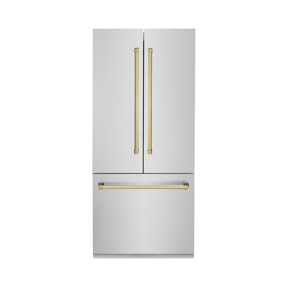 ZLINE Autograph Edition 36 in. 19.6 cu. ft. Built-in 3-Door French Door Refrigerator with Internal Water and Ice Dispenser in Stainless Steel with Polished Gold Accents (RBIVZ-304-36-G)