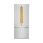 ZLINE Autograph Edition 36 in. 19.6 cu. ft. French Door Built-In Bottom Freezer Refrigerator with Water Dispenser and Ice Maker in Stainless Steel with Polished Gold Accents (RBIVZ-304-36-G) front, closed.