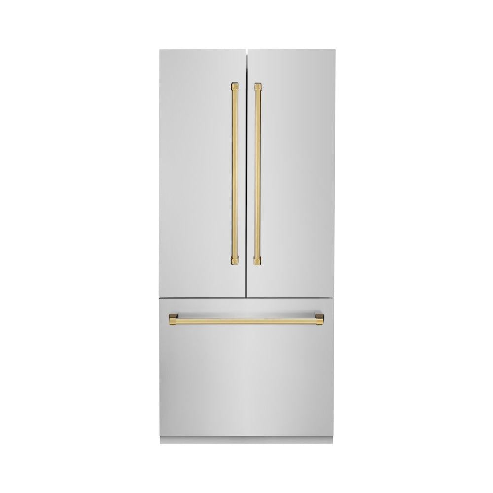 ZLINE Autograph Edition 36 in. 19.6 cu. ft. French Door Built-In Bottom Freezer Refrigerator with Water Dispenser and Ice Maker in Stainless Steel with Polished Gold Accents (RBIVZ-304-36-G) front, closed.