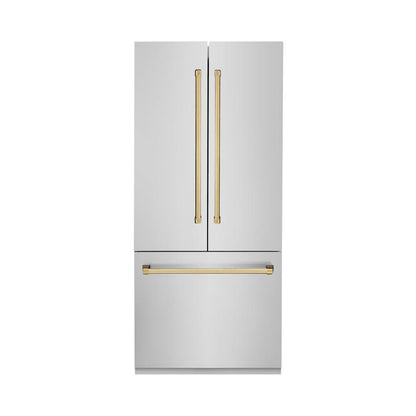 ZLINE Autograph Edition 36 in. 19.6 cu. ft. French Door Built-In Bottom Freezer Refrigerator with Water Dispenser and Ice Maker in Stainless Steel with Polished Gold Accents (RBIVZ-304-36-G) front, closed.