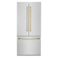 ZLINE Autograph Edition 36 in. 19.6 cu. ft. French Door Built-In Bottom Freezer Refrigerator with Water Dispenser and Ice Maker in Stainless Steel with Polished Gold Accents (RBIVZ-304-36-G) front, closed.