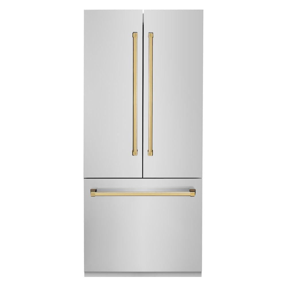 ZLINE Autograph Edition 36 in. 19.6 cu. ft. French Door Built-In Bottom Freezer Refrigerator with Water Dispenser and Ice Maker in Stainless Steel with Polished Gold Accents (RBIVZ-304-36-G) front, closed.