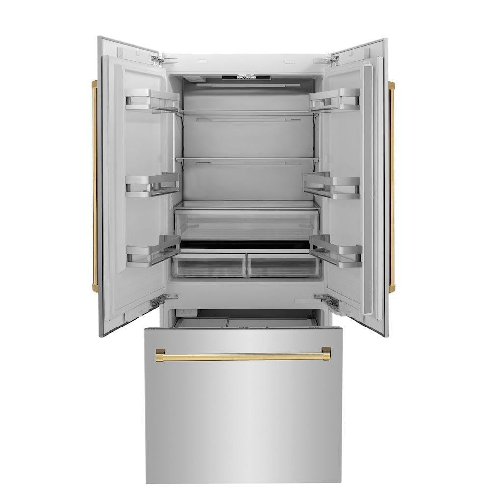 ZLINE Autograph Edition 36 in. 19.6 cu. ft. French Door Built-In Bottom Freezer Refrigerator with Water Dispenser and Ice Maker in Stainless Steel with Polished Gold Accents (RBIVZ-304-36-G) front, open, empty.