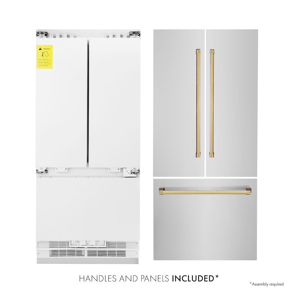 ZLINE Autograph Edition 36 in. 19.6 cu. ft. Built-in 2-Door Bottom Freezer Refrigerator with Internal Water and Ice Dispenser in Stainless Steel with Polished Gold Accents (RBIVZ-304-36-G) front, refrigeration unit next to panels. Text: Handles and Panels Included.