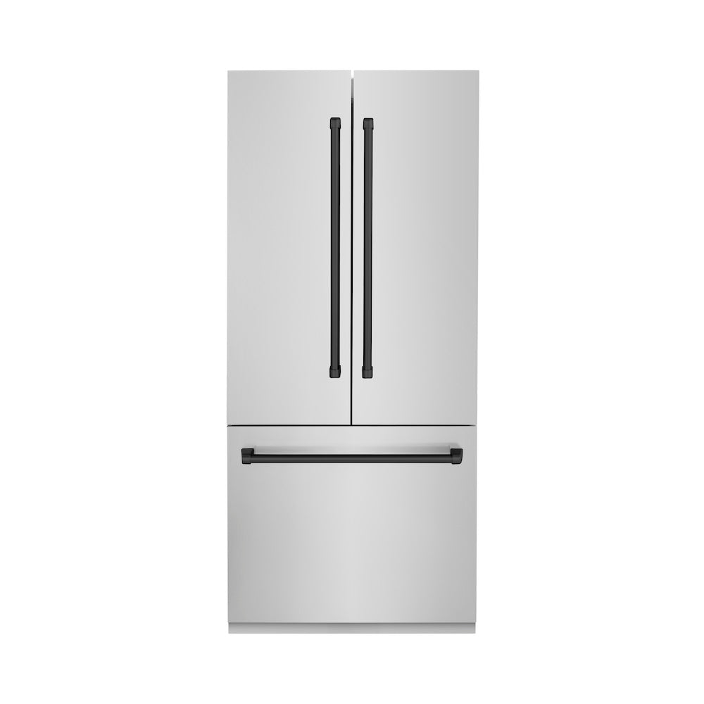 ZLINE Autograph Edition 36 in. 19.6 cu. ft. French Door Built-In Bottom Freezer Refrigerator with Water Dispenser and Ice Maker in Stainless Steel with Matte Black Accents (RBIVZ-304-36-MB) front, closed.