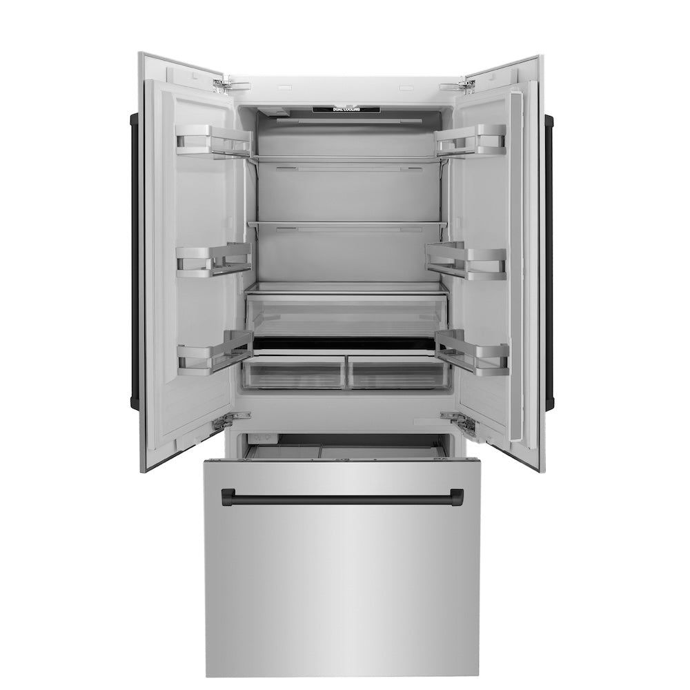 ZLINE Autograph Edition 36 in. 19.6 cu. ft. French Door Built-In Bottom Freezer Refrigerator with Water Dispenser and Ice Maker in Stainless Steel with Matte Black Accents (RBIVZ-304-36-MB) front, open, empty.