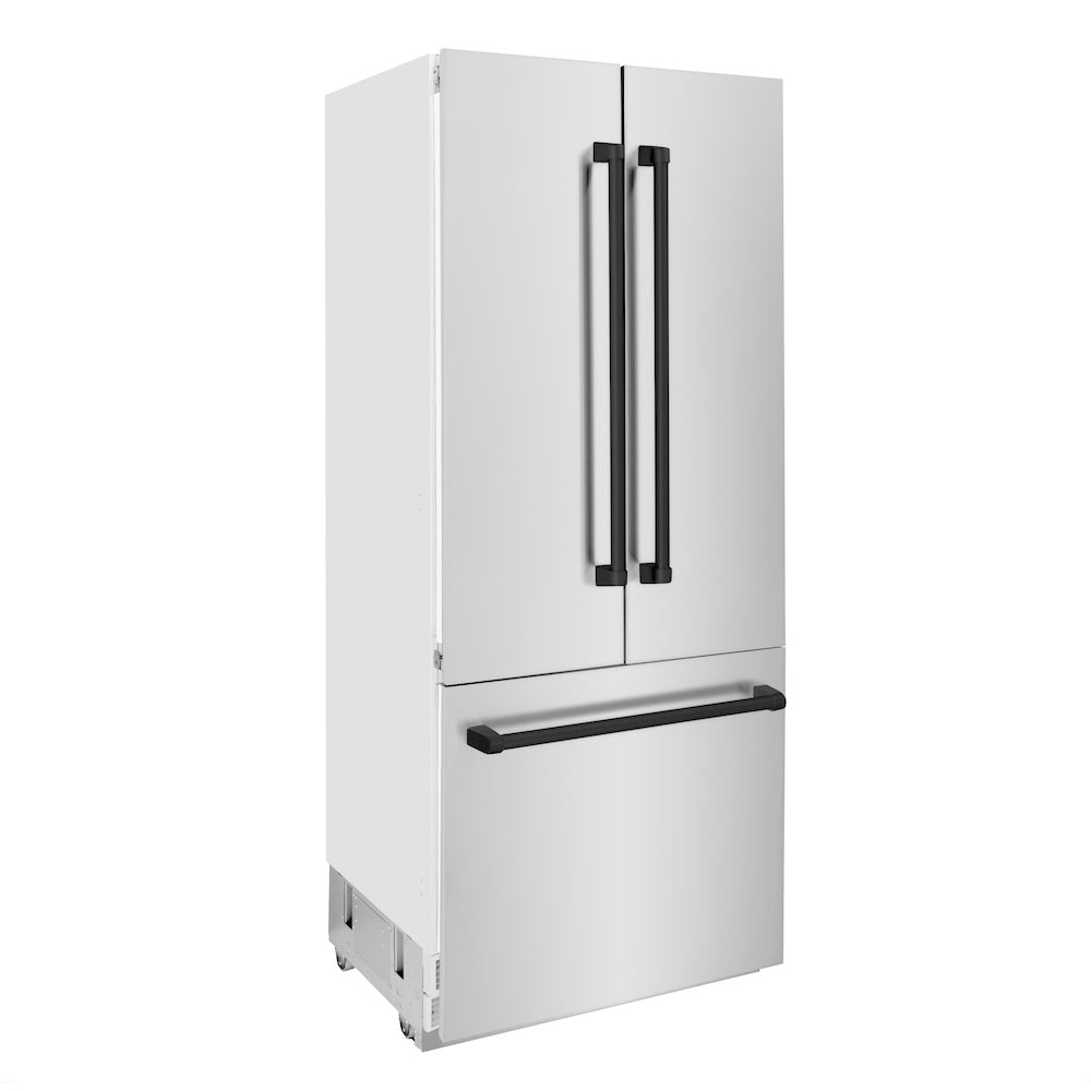 ZLINE Autograph Edition 36 in. 19.6 cu. ft. French Door Built-In Bottom Freezer Refrigerator with Water Dispenser and Ice Maker in Stainless Steel with Matte Black Accents (RBIVZ-304-36-MB) side, closed.