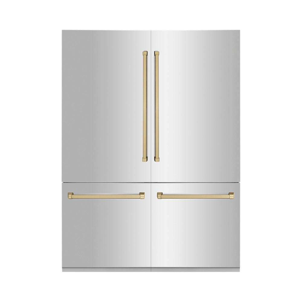 ZLINE Autograph Edition 60 in. 32.2 cu. ft. Built-in 4-Door French Door Refrigerator with Internal Water and Ice Dispenser in Stainless Steel with Champagne Bronze Accents (RBIVZ-304-60-CB) front, closed.