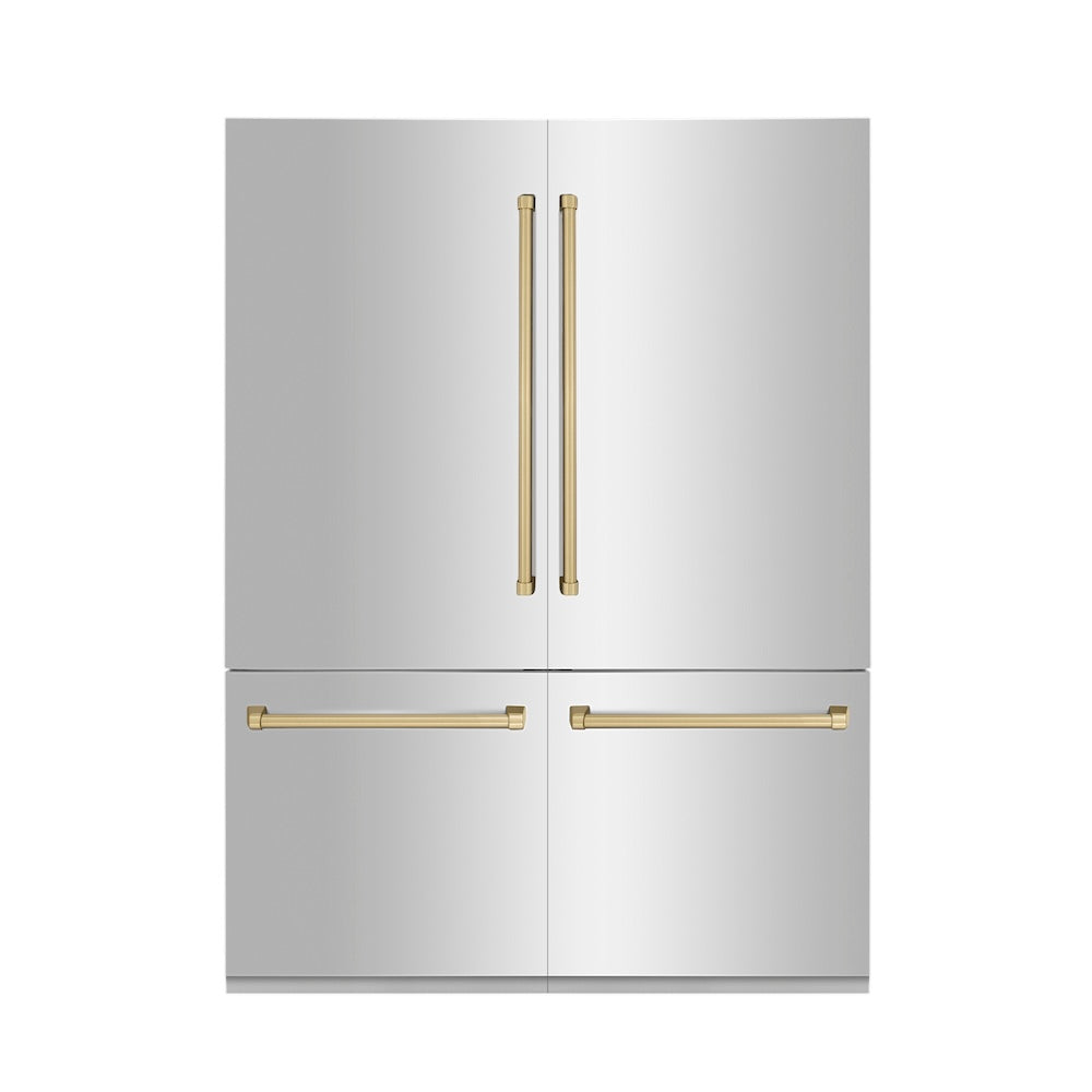 ZLINE Autograph Edition 60 in. 32.2 cu. ft. Built-in 4-Door French Door Refrigerator with Internal Water and Ice Dispenser in Stainless Steel with Champagne Bronze Accents (RBIVZ-304-60-CB) front, closed.