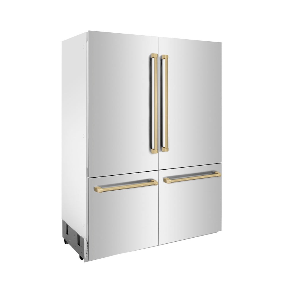 ZLINE Autograph Edition 60 in. 32.2 cu. ft. Built-in 4-Door French Door Refrigerator with Internal Water and Ice Dispenser in Stainless Steel with Champagne Bronze Accents (RBIVZ-304-60-CB) side, closed.