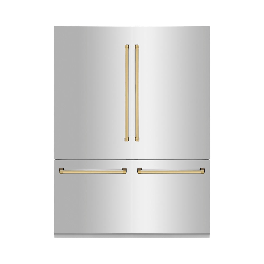 ZLINE Autograph Edition 60 in. 32.2 cu. ft. Built-in 4-Door French Door Refrigerator with Internal Water and Ice Dispenser in Stainless Steel with Polished Gold Accents (RBIVZ-304-60-G) front, closed.