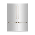 ZLINE Autograph Edition 60 in. 32.2 cu. ft. French Door Built-In Bottom Freezer Refrigerator with Water Dispenser and Ice Maker in Stainless Steel with Polished Gold Accents (RBIVZ-304-60-G) front, closed.