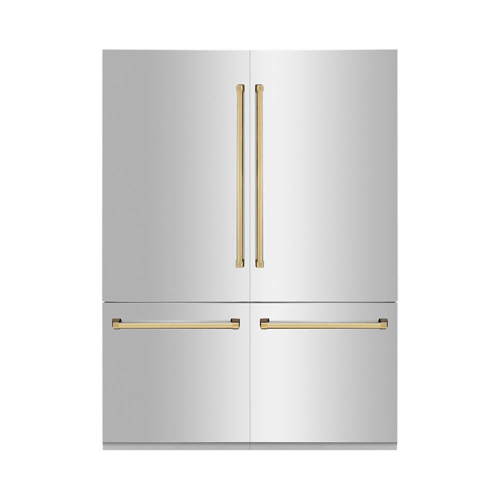 ZLINE Autograph Edition 60 in. 32.2 cu. ft. French Door Built-In Bottom Freezer Refrigerator with Water Dispenser and Ice Maker in Stainless Steel with Polished Gold Accents (RBIVZ-304-60-G) front, closed.
