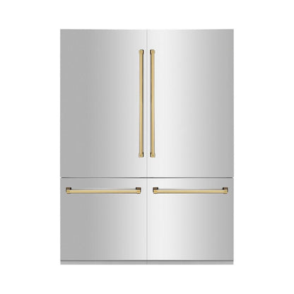 ZLINE Autograph Edition 60 in. 32.2 cu. ft. French Door Built-In Bottom Freezer Refrigerator with Water Dispenser and Ice Maker in Stainless Steel with Polished Gold Accents (RBIVZ-304-60-G) front, closed.