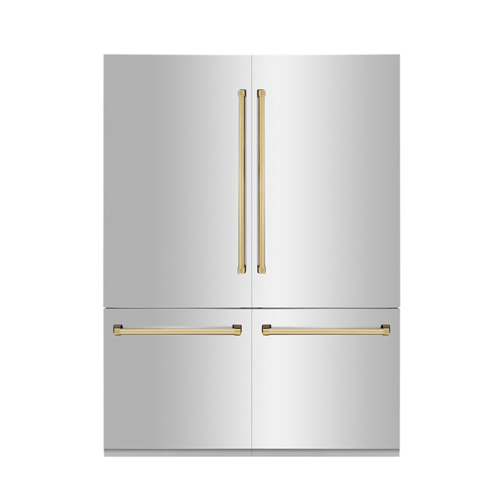 ZLINE Autograph Edition 60 in. 32.2 cu. ft. Built-in 4-Door French Door Refrigerator with Internal Water and Ice Dispenser in Stainless Steel with Polished Gold Accents (RBIVZ-304-60-G) front, closed.