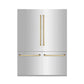 ZLINE Autograph Edition 60 in. 32.2 cu. ft. French Door Built-In Bottom Freezer Refrigerator with Water Dispenser and Ice Maker in Stainless Steel with Polished Gold Accents (RBIVZ-304-60-G) front, closed.