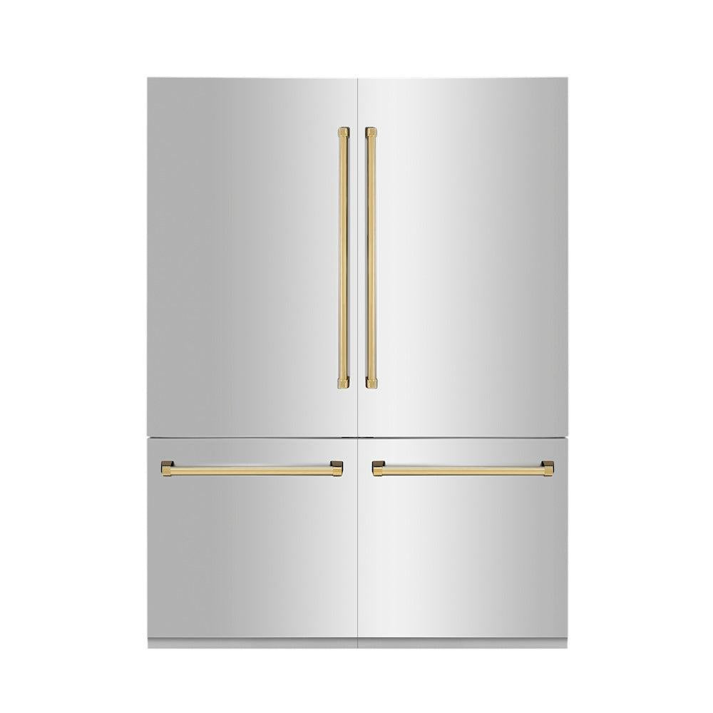 ZLINE Autograph Edition 60 in. 32.2 cu. ft. French Door Built-In Bottom Freezer Refrigerator with Water Dispenser and Ice Maker in Stainless Steel with Polished Gold Accents (RBIVZ-304-60-G) front, closed.