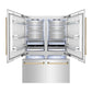 ZLINE Autograph Edition 60 in. 32.2 cu. ft. French Door Built-In Bottom Freezer Refrigerator with Water Dispenser and Ice Maker in Stainless Steel with Polished Gold Accents (RBIVZ-304-60-G) front, refrigeration compartment and bottom freezer open with lights on.