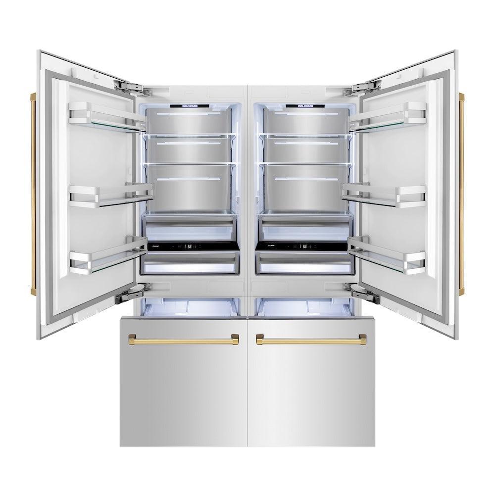 ZLINE Autograph Edition 60 in. 32.2 cu. ft. French Door Built-In Bottom Freezer Refrigerator with Water Dispenser and Ice Maker in Stainless Steel with Polished Gold Accents (RBIVZ-304-60-G) front, refrigeration compartment and bottom freezer open with lights on.