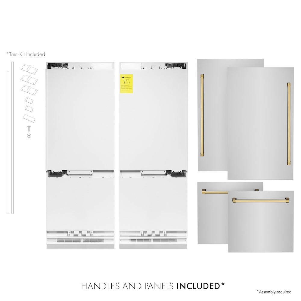 ZLINE Autograph Edition 60 in. 32.2 cu. ft. Built-in 4-Door French Door Refrigerator with Internal Water and Ice Dispenser in Stainless Steel with Polished Gold Accents (RBIVZ-304-60-G) front, refrigeration unit next to panels. Text: Handles and Panels Included.