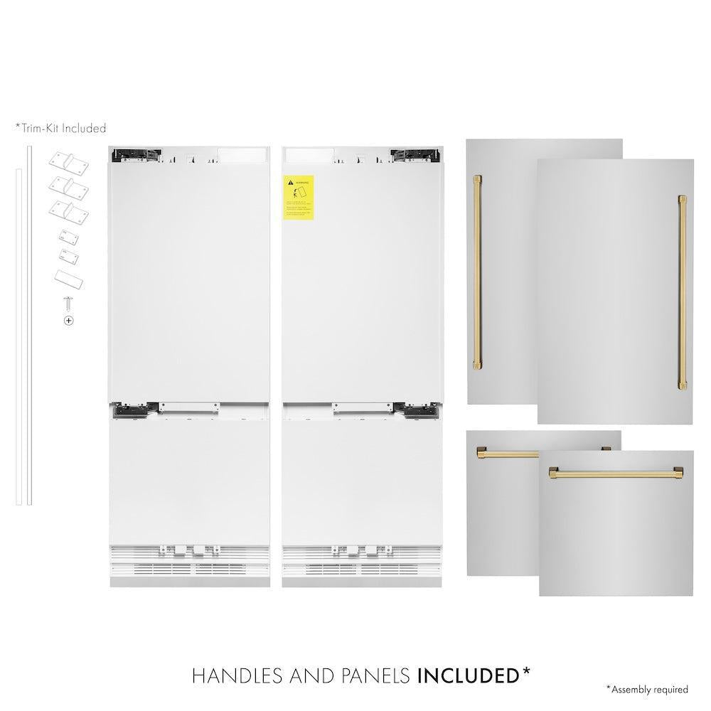 ZLINE Autograph Edition 60 in. 32.2 cu. ft. French Door Built-In Bottom Freezer Refrigerator with Water Dispenser and Ice Maker in Stainless Steel with Polished Gold Accents (RBIVZ-304-60-G) front, refrigeration unit next to panels and handles. Text: Handles and panels included.