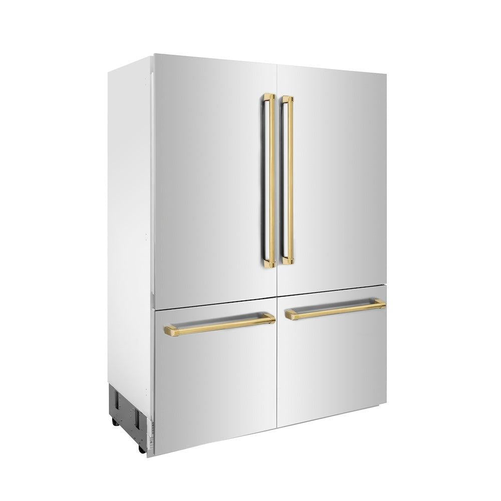 ZLINE Autograph Edition 60 in. 32.2 cu. ft. French Door Built-In Bottom Freezer Refrigerator with Water Dispenser and Ice Maker in Stainless Steel with Polished Gold Accents (RBIVZ-304-60-G) side, closed.