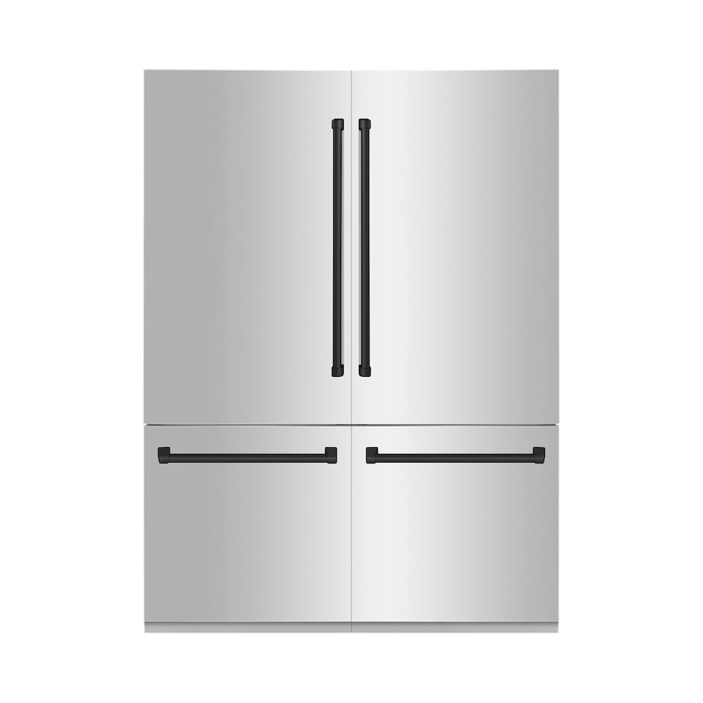 ZLINE Autograph Edition 60 in. 32.2 cu. ft. Built-in 4-Door French Door Refrigerator with Internal Water and Ice Dispenser in Stainless Steel with Matte Black Accents (RBIVZ-304-60-MB) front, closed.