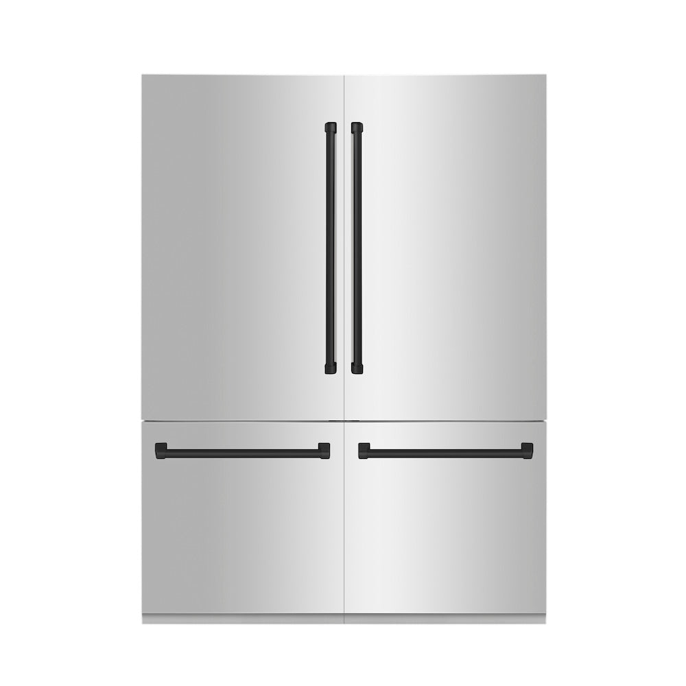 ZLINE Autograph Edition 60 in. 32.2 cu. ft. Built-in 4-Door French Door Refrigerator with Internal Water and Ice Dispenser in Stainless Steel with Matte Black Accents (RBIVZ-304-60-MB) front, closed.