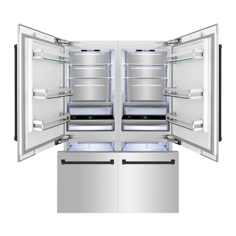 ZLINE Autograph Edition 60 in. 32.2 cu. ft. French Door Built-In Bottom Freezer Refrigerator with Water Dispenser and Ice Maker in Stainless Steel with Matte Black Accents (RBIVZ-304-60-MB) front, refrigeration compartment and bottom freezer open with lights on.