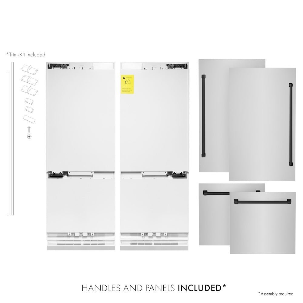 ZLINE Autograph Edition 60 in. 32.2 cu. ft. French Door Built-In Bottom Freezer Refrigerator with Water Dispenser and Ice Maker in Stainless Steel with Matte Black Accents (RBIVZ-304-60-MB) front, refrigeration unit next to panels and handles. Text: Handles and panels included.